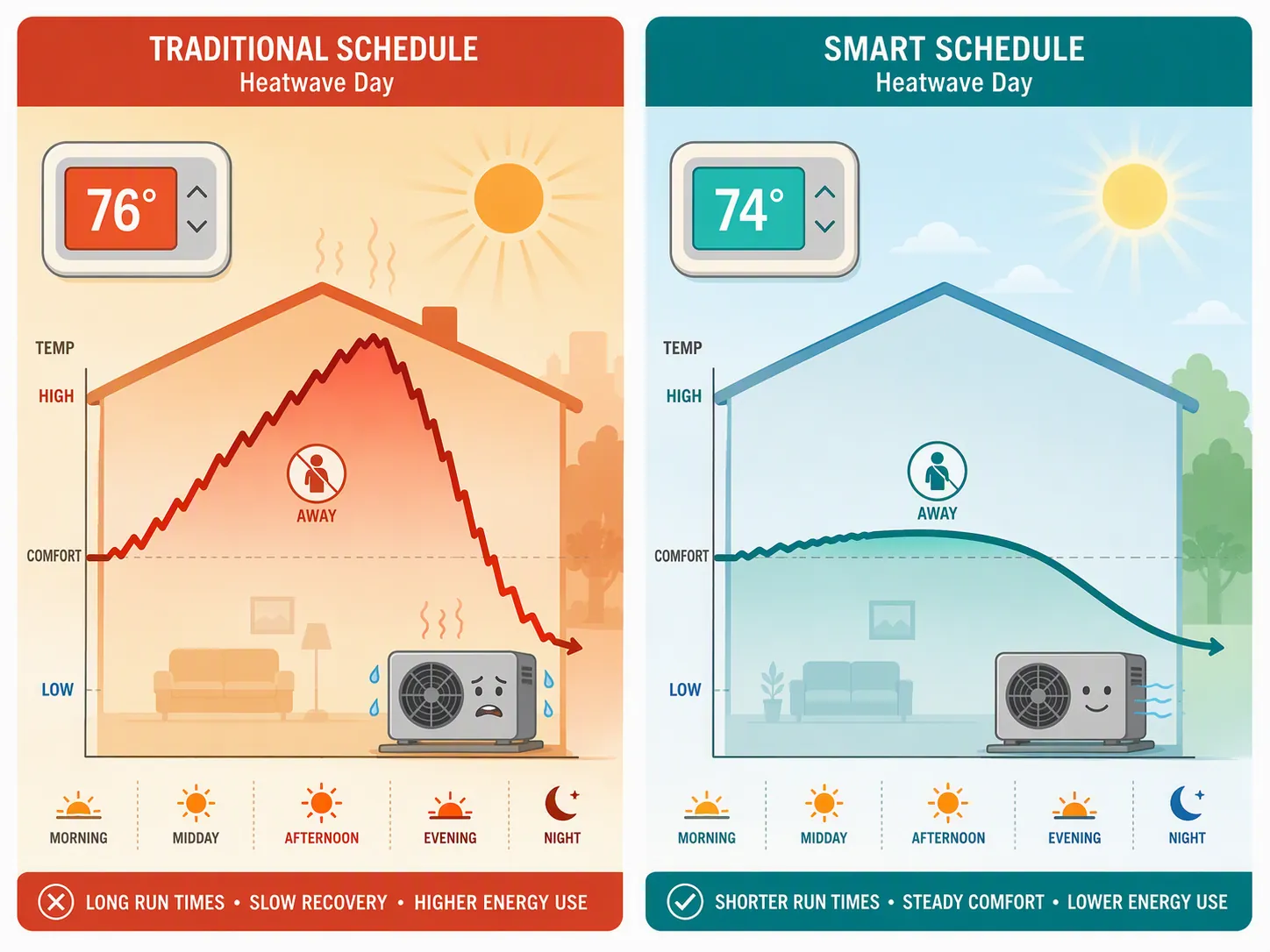 Illustration comparing a steep heatwave thermostat setback with a smoother early recovery schedule