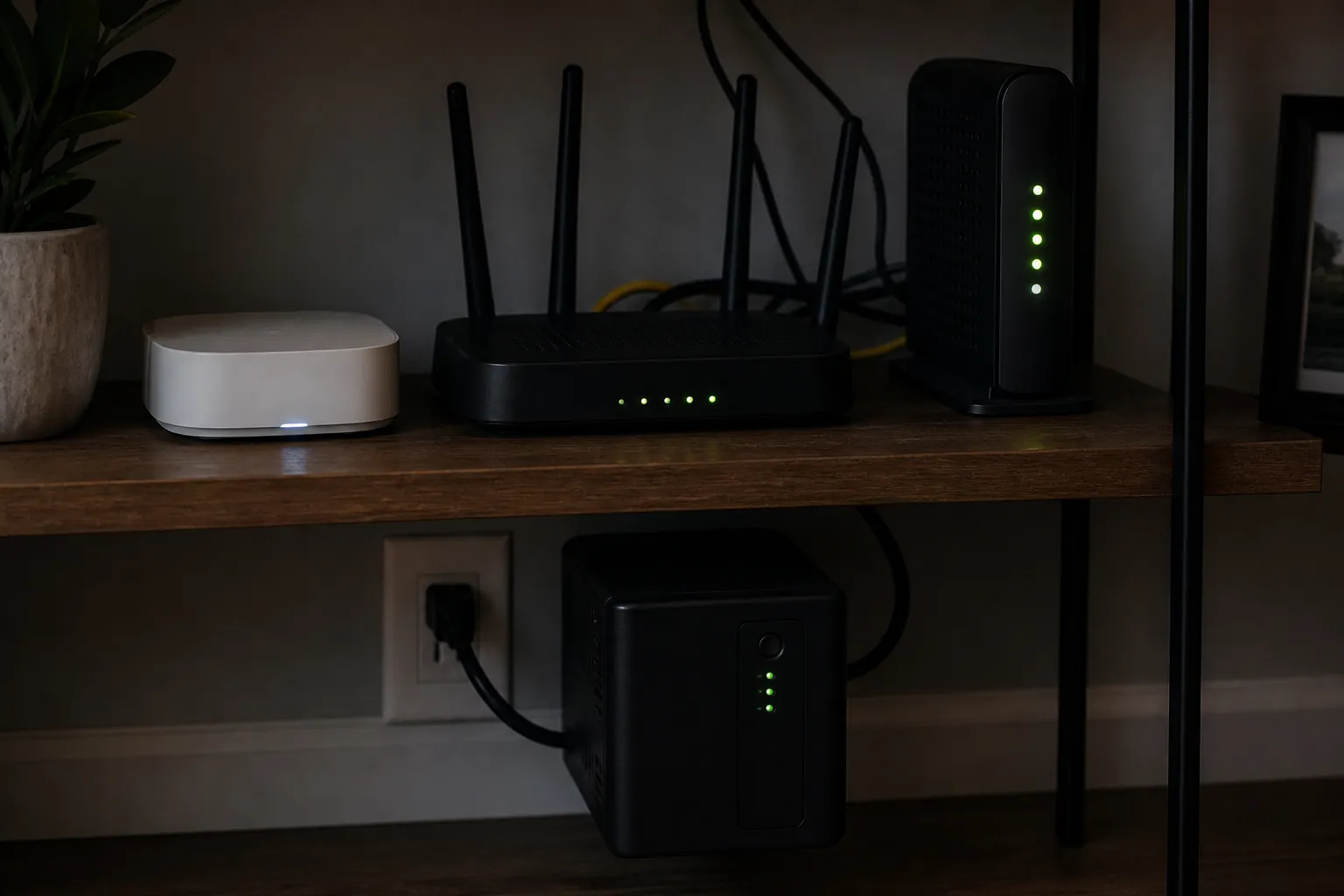 Networking shelf with a smart home hub, router, and modem running on a compact UPS during an outage