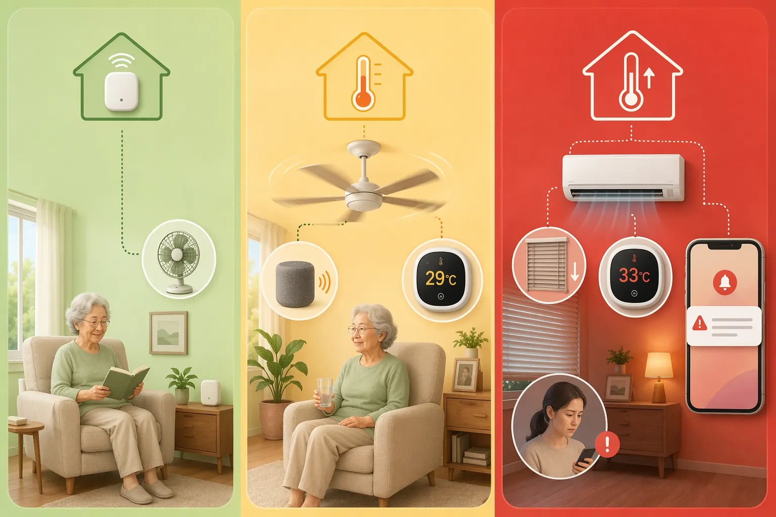 Green, yellow, and red home heat safety tiers with fan, AC, blinds, and caregiver alert icons