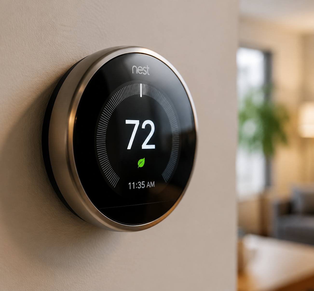 Close-up of a Nest Learning Thermostat 4th Gen with domed display and rotating dial