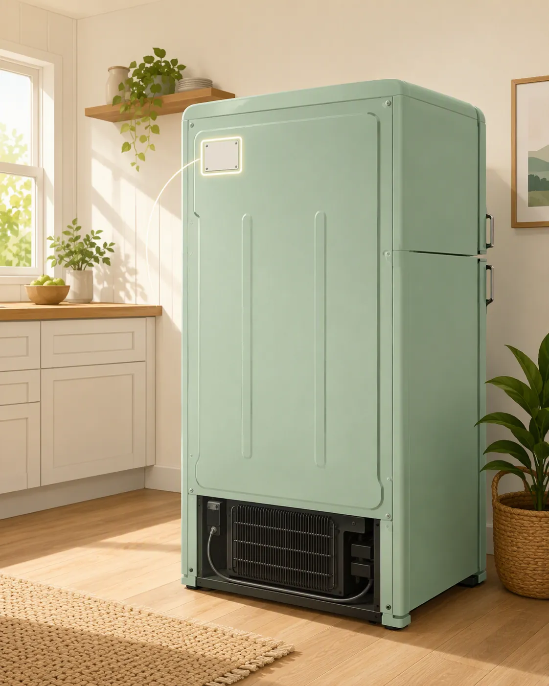 Back of a retro refrigerator with the upper-left specification label highlighted