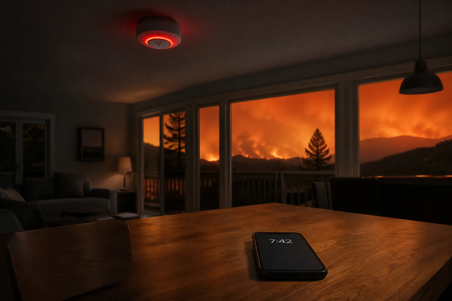 Smart smoke detector glowing red while a phone shows no notifications as wildfire smoke appears outside