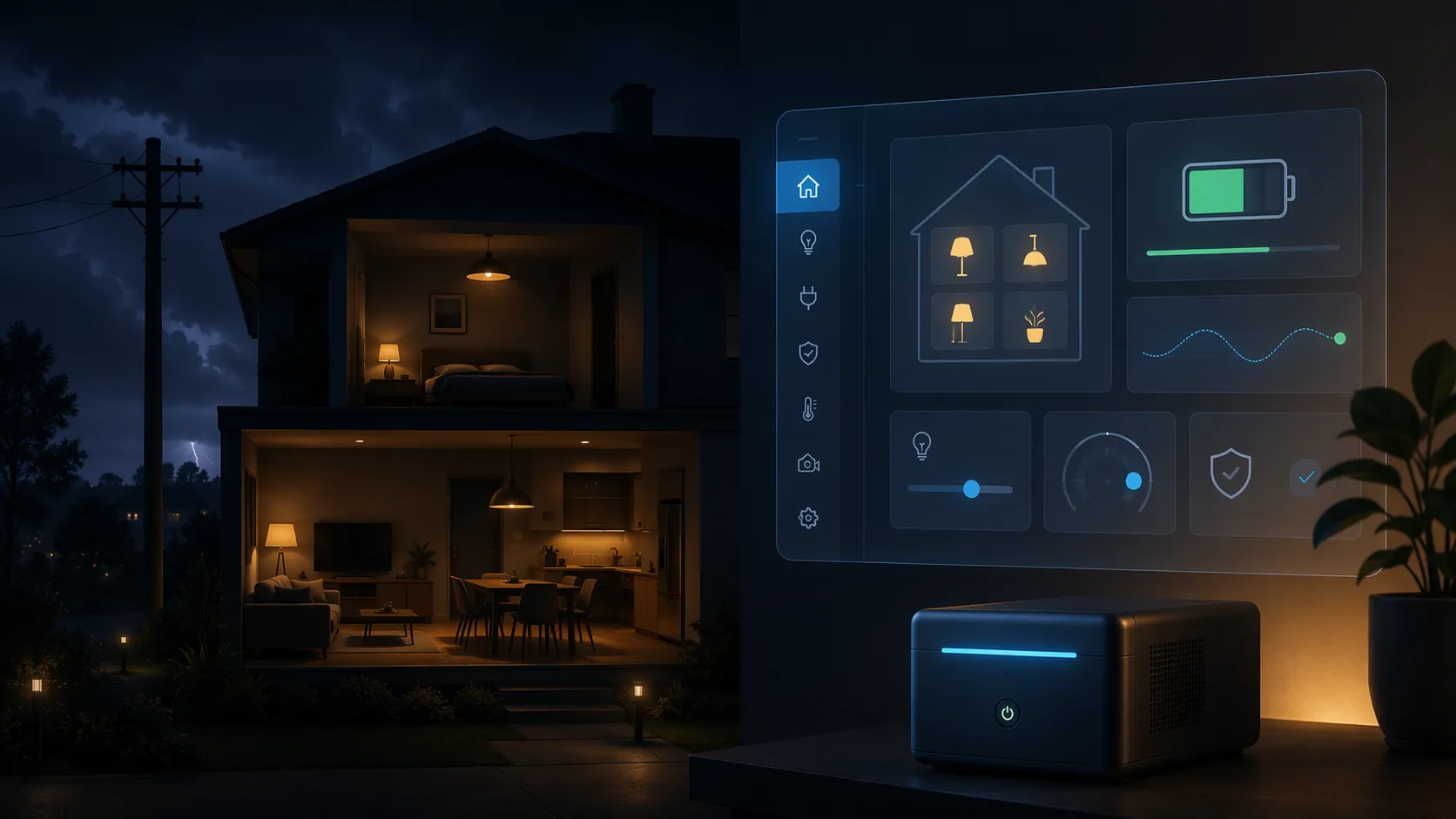 Dark smart home with warm lamps, a UPS indicator, and a Home Assistant On Battery status overlay