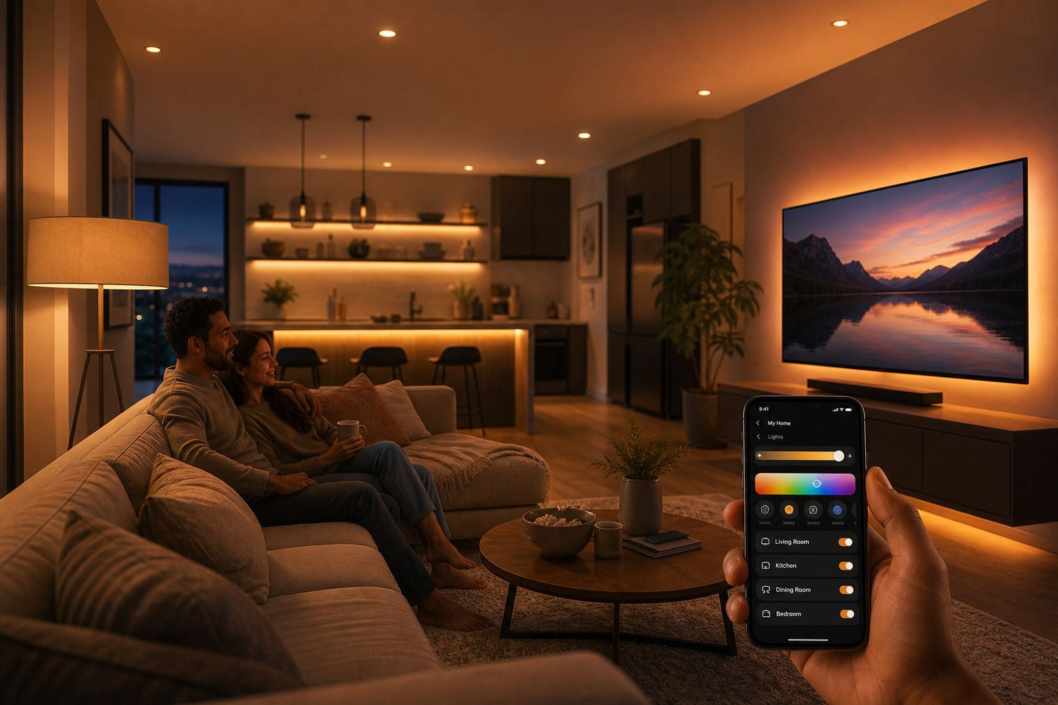 A modern open-plan living room at dusk with multiple Philips Hue smart lights glowing at warm amber and golden tones, with a hand holding a smartphone showing a lighting control app.