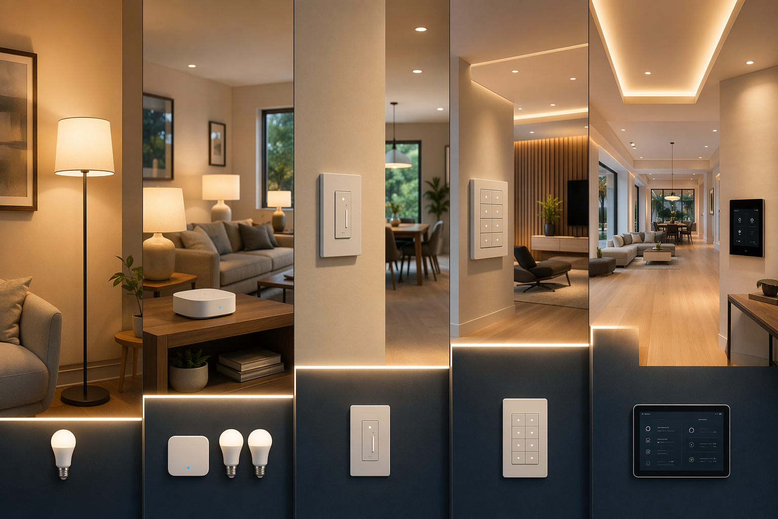 Five ascending smart lighting setups from a Wi-Fi bulb to a whole-home professional lighting installation