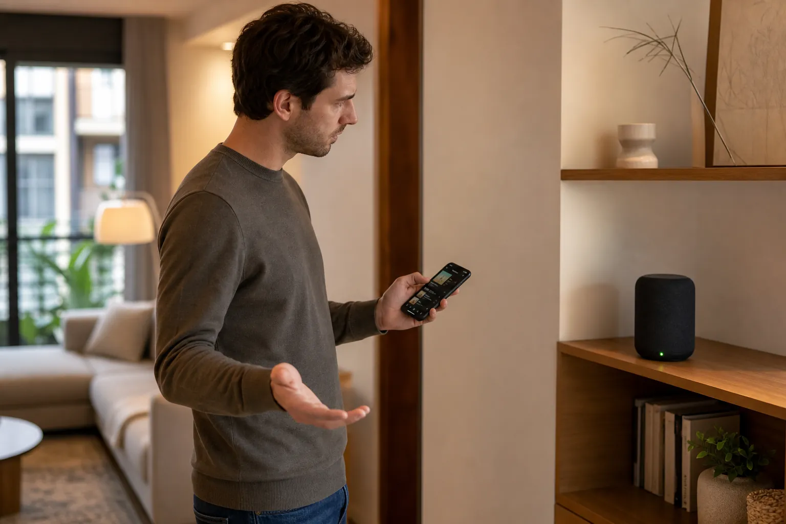 A person holding a phone with Spotify open while looking at a smart speaker in a living room after an update