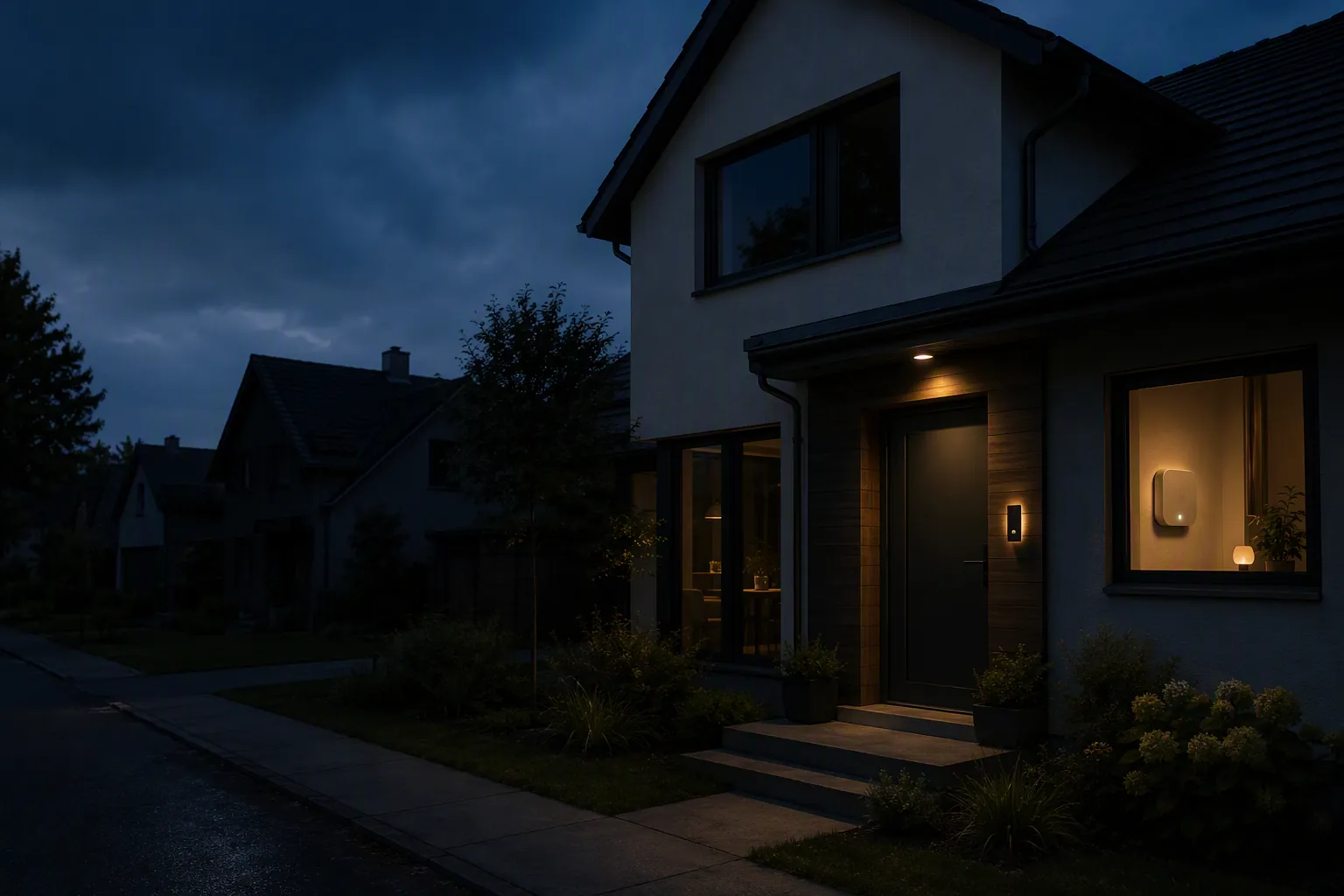 A dark residential street during a power outage with one smart home still glowing, showing a router on battery backup, a lit video doorbell, and a wall-mounted hub