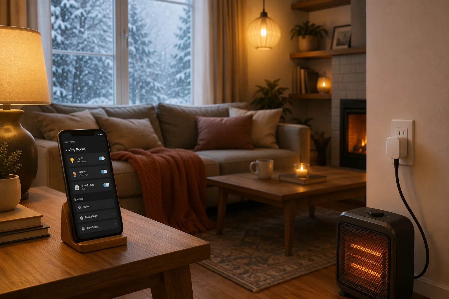Cozy winter living room with a smart plug, space heater, phone automation app, and warm smart lighting