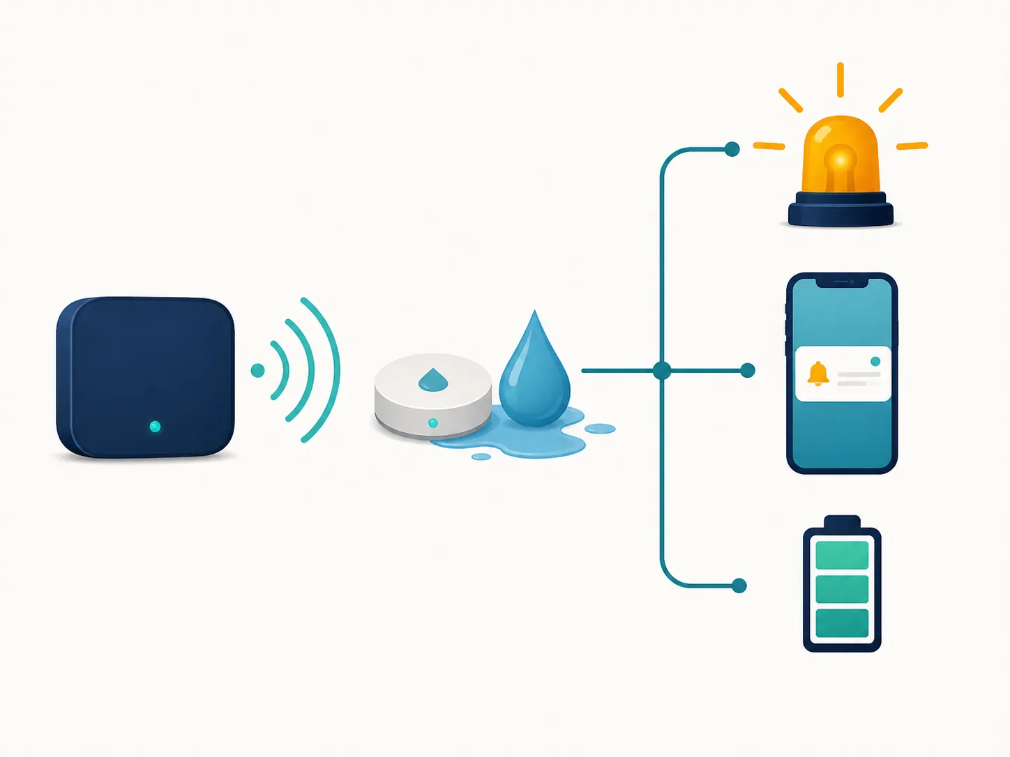Diagram of a smart leak-sensor alert path from sensor to hub, siren, phone notification, and battery status