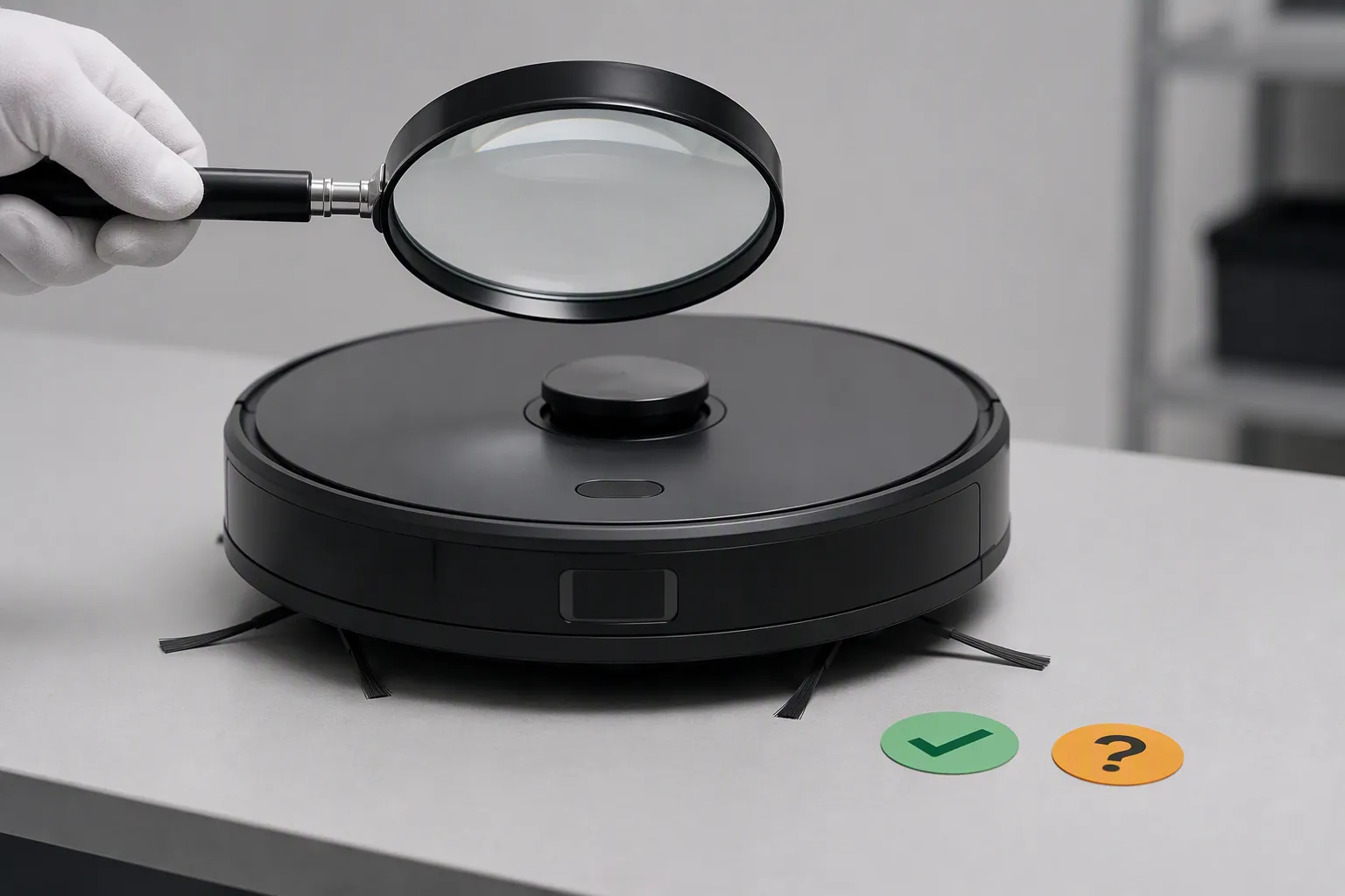 Robot vacuum on a workbench with a magnifying glass, checkmark, and question-mark tag separating verified and unverified claims