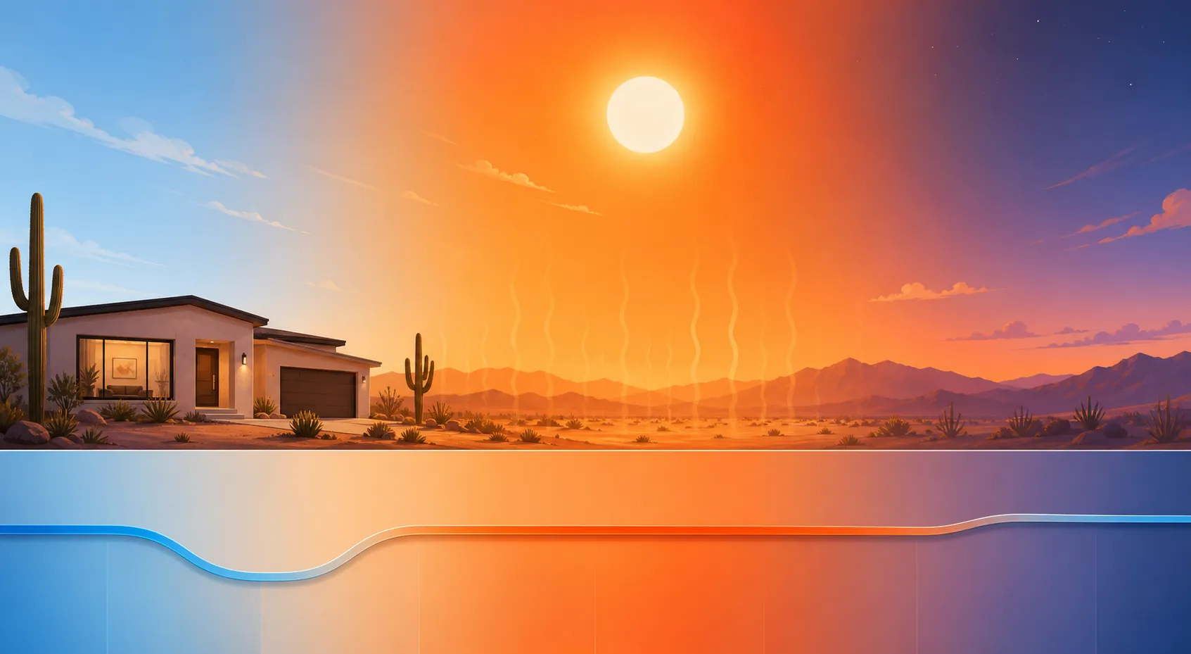 Illustration of a desert house with a one-day cooling curve that pre-cools in the morning, holds steady through the afternoon, and eases upward in the evening