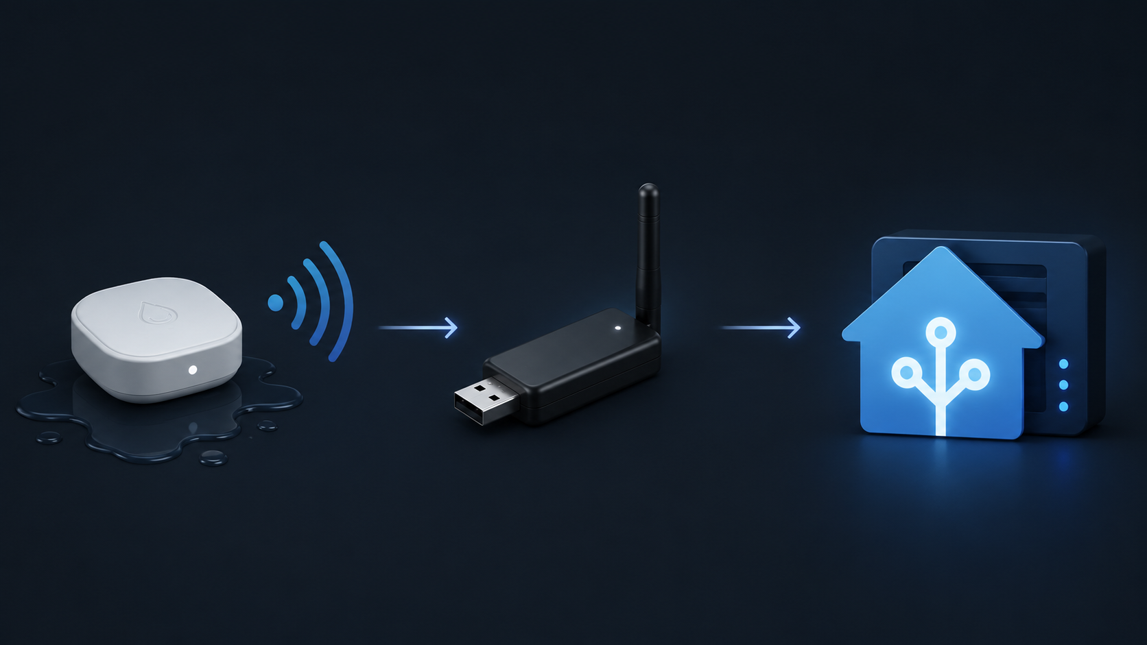 Water leak sensor using a radio-frequency path through a USB receiver to Home Assistant