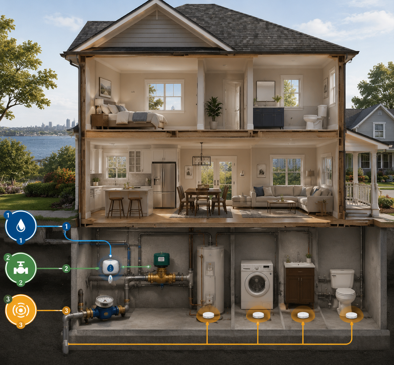 Cutaway home diagram showing a whole-home water monitor, motorized shutoff valve, and point leak sensors at fixtures