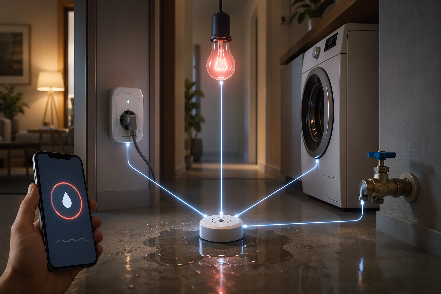 Water leak sensor connected to a smart plug, shutoff valve, smart bulb, and phone alert
