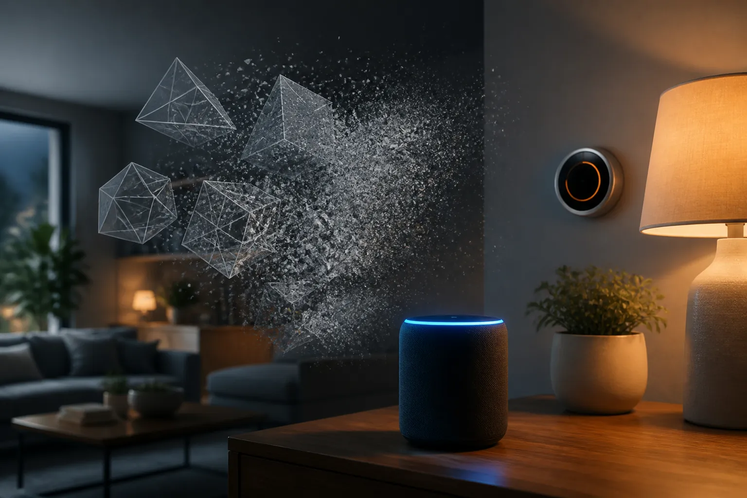 Echo smart speaker glowing in a modern living room while abstract AI particles fade in the background