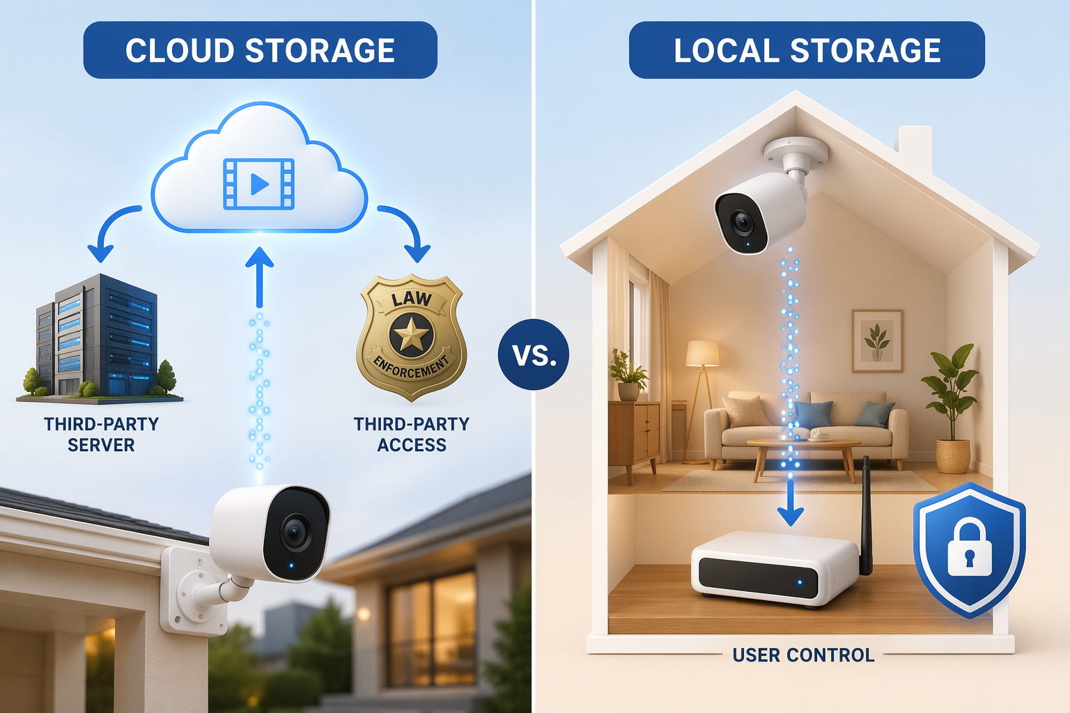 Editorial comparison illustration: left side shows a security camera sending footage to a cloud icon, then to a server building and a law enforcement badge; right side shows a camera sending footage to a local hub inside a house with a lock icon.
