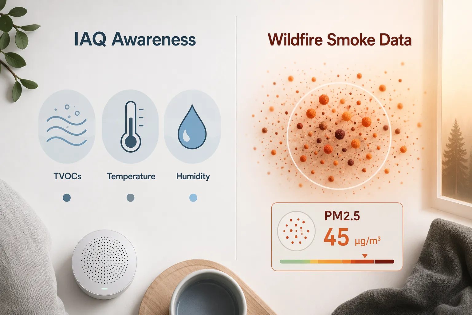 Visual comparison of TVOC temperature and humidity awareness versus PM2.5 particulate measurement for wildfire smoke