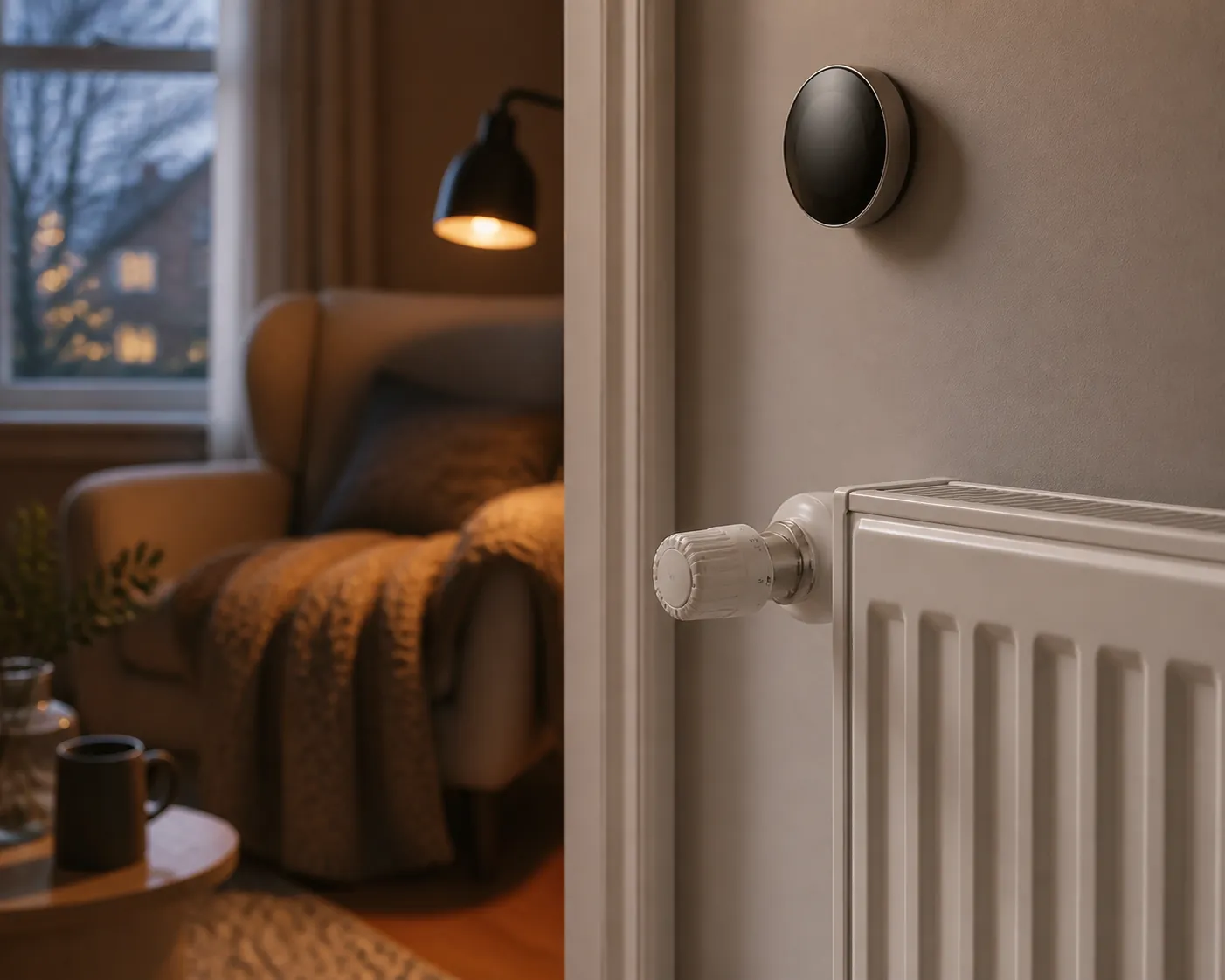 Radiator with a thermostatic radiator valve and a nearby smart thermostat in a warm UK living room