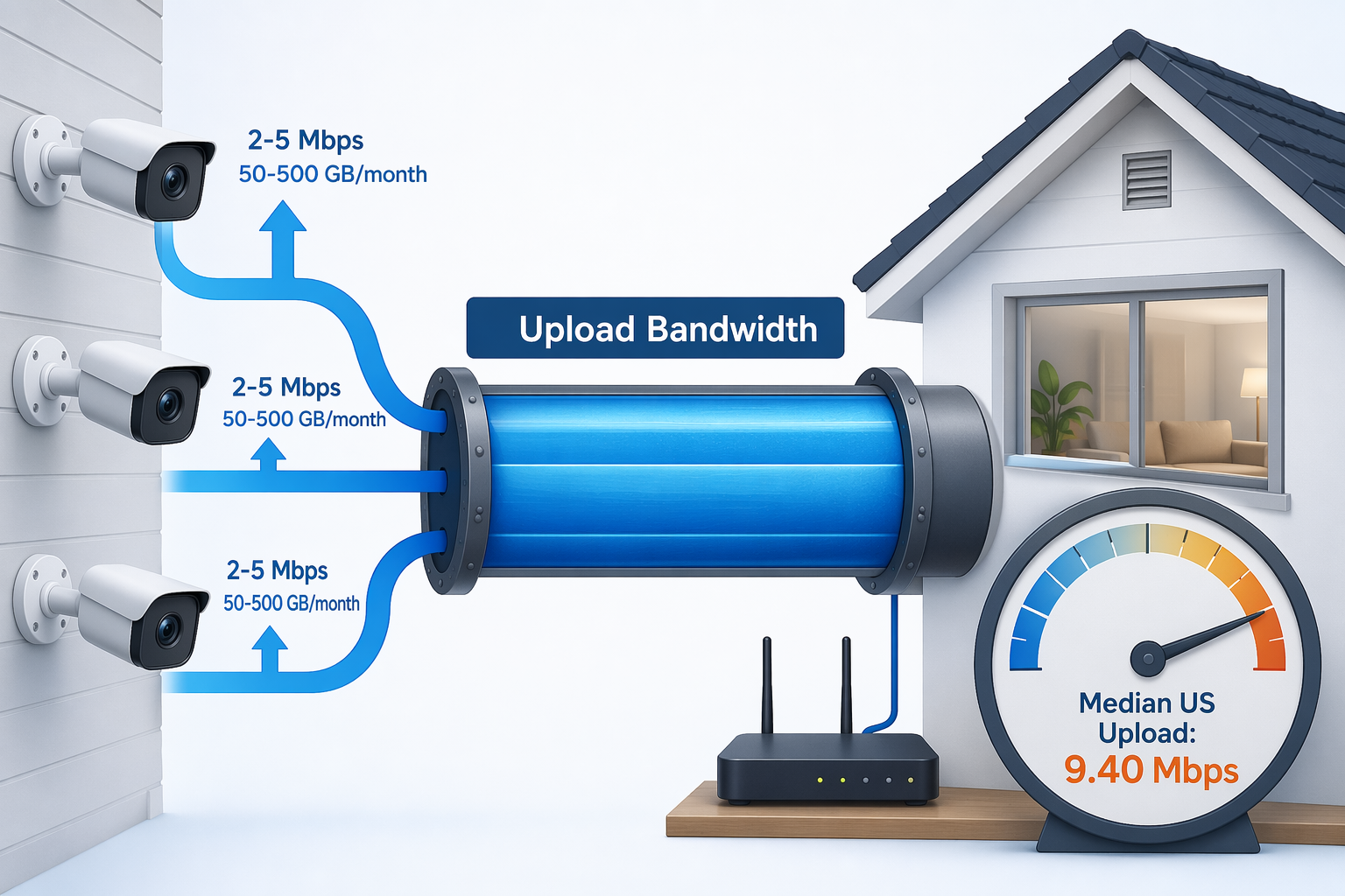Three security cameras nearly saturating a median U.S. upload connection