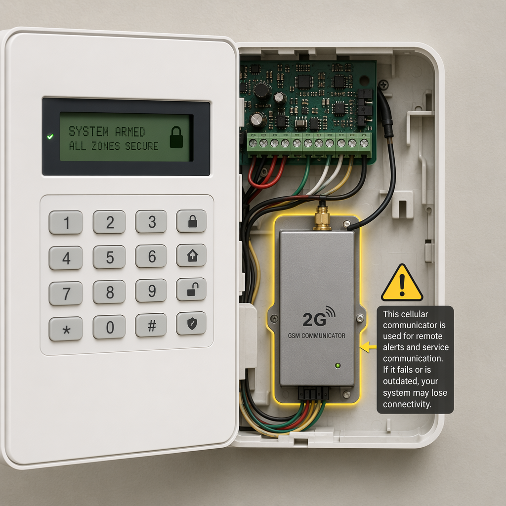 Open alarm panel showing a 2G GSM cellular communicator module inside while the keypad still shows armed status