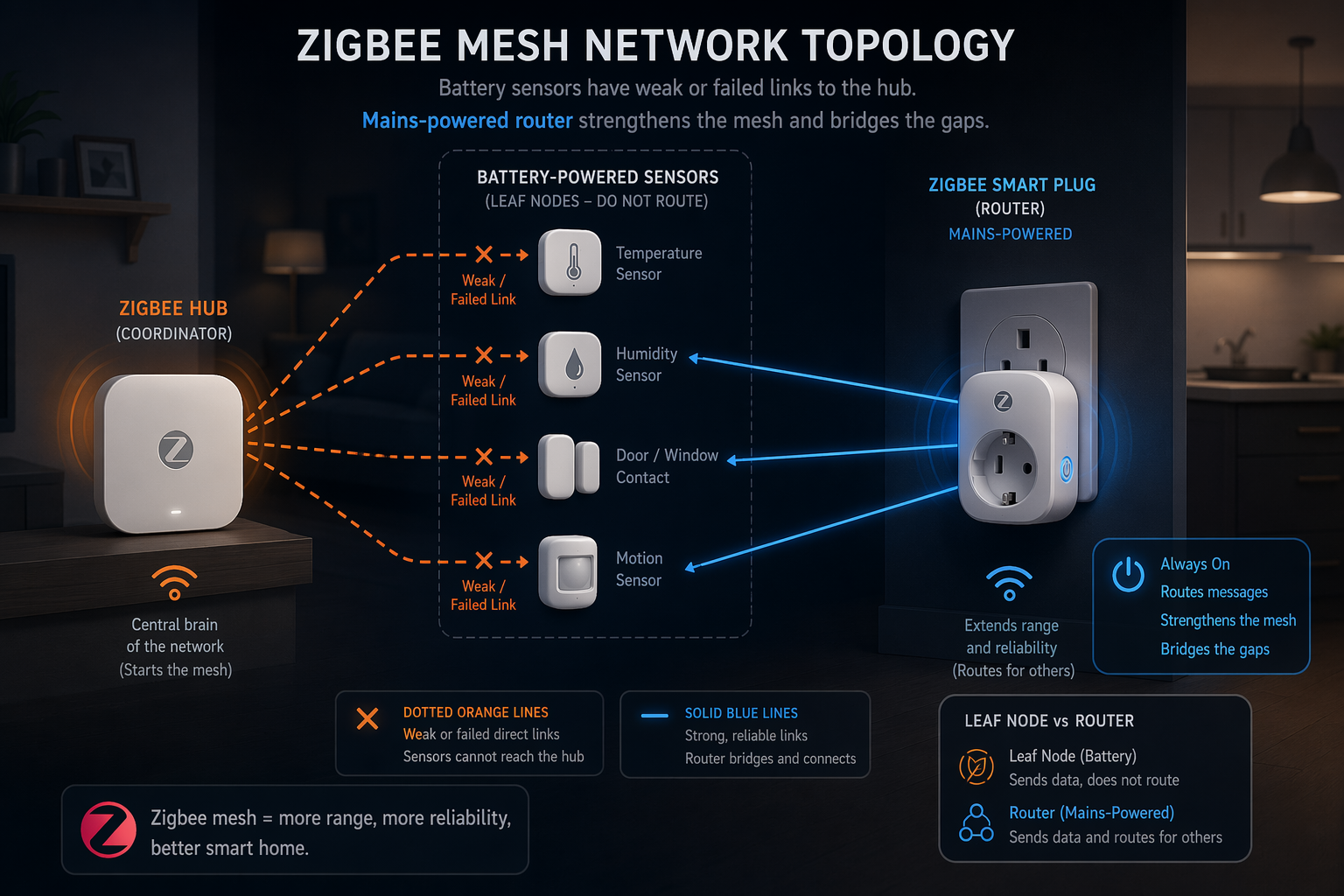 Zigbee topology showing battery sensors as leaf devices and a mains-powered smart plug bridging the path to the hub