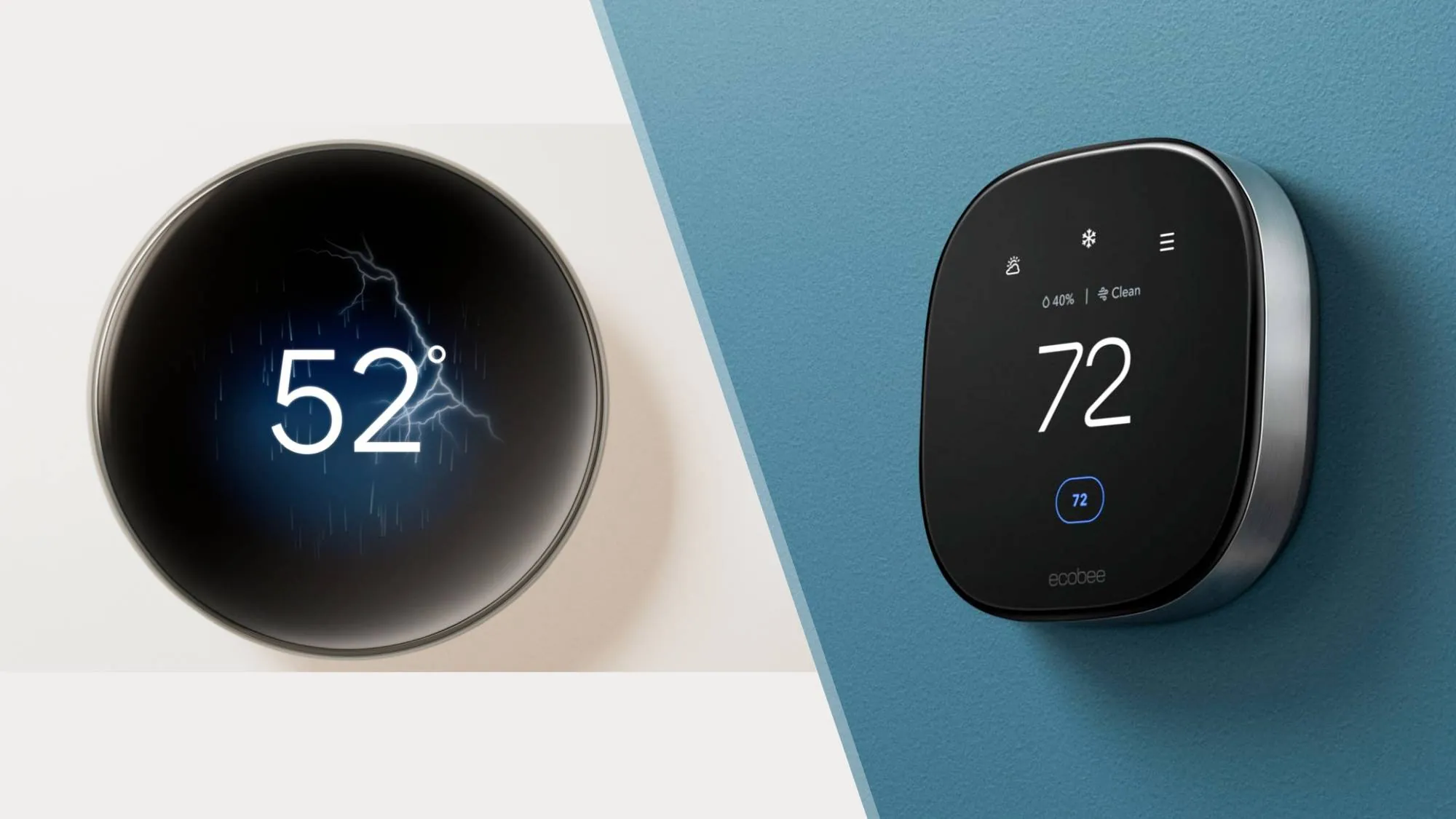 Google Nest Learning Thermostat 4th gen and ecobee Premium smart thermostat side by side on a wall