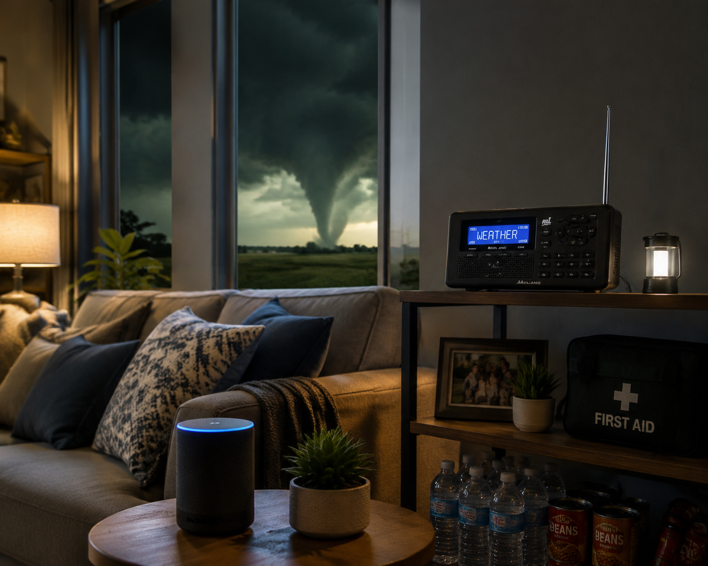 Smart speaker and weather radio in a living room with storm clouds outside