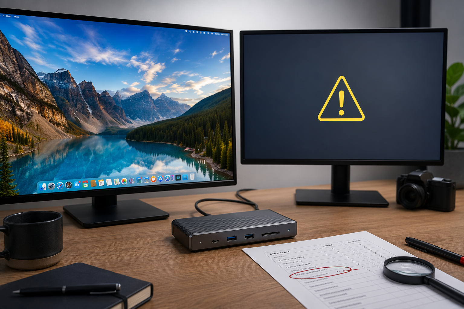 USB4 dock between two monitors with a marked dual-display verification note