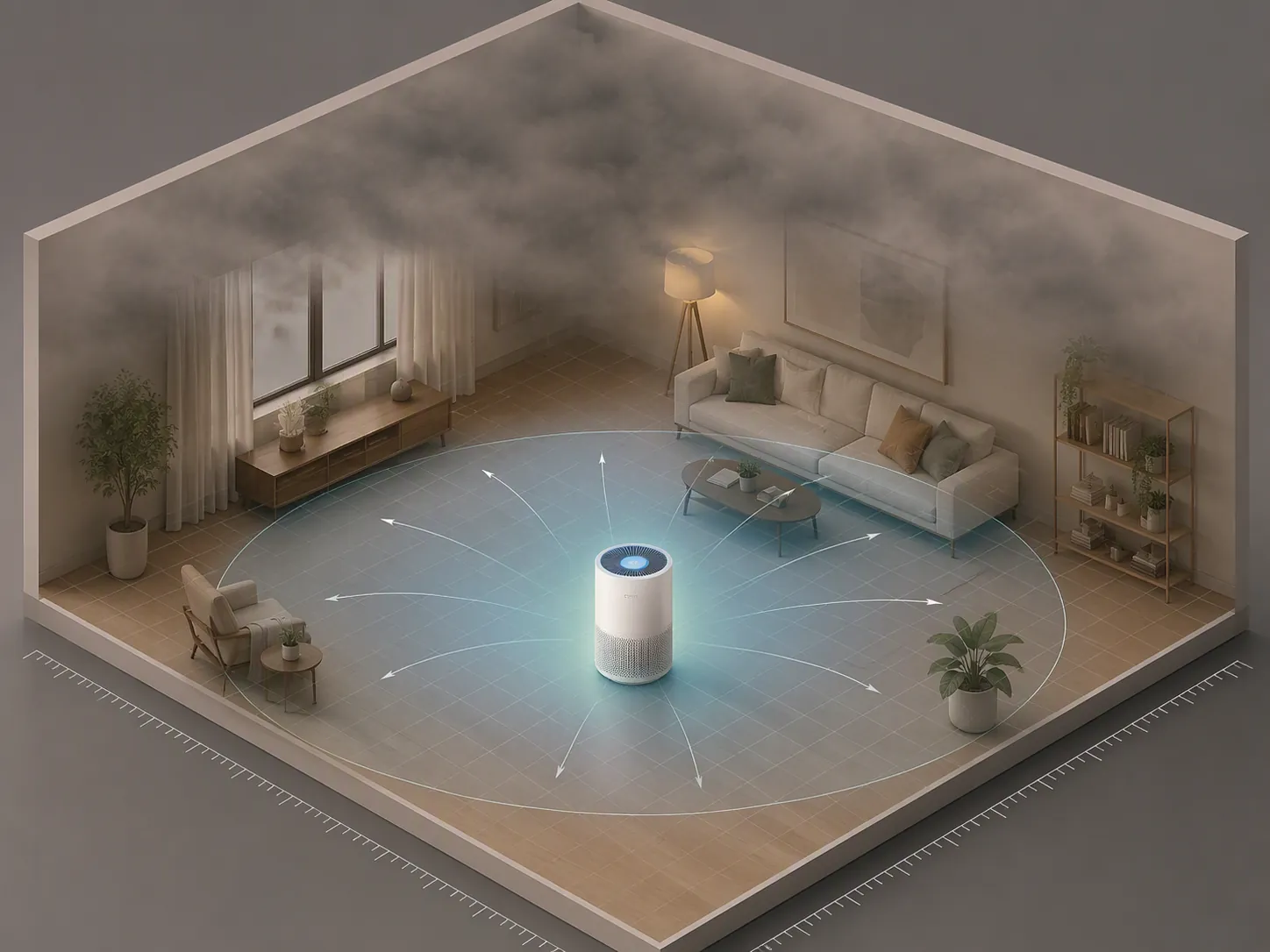 Living room grid with haze and an air purifier clearing a measured airflow radius