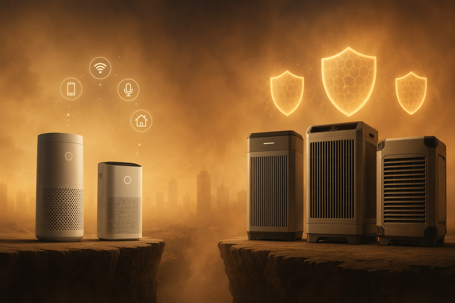 Smart-home-compatible purifiers separated from stronger smoke-cleaning purifiers by a visual gap