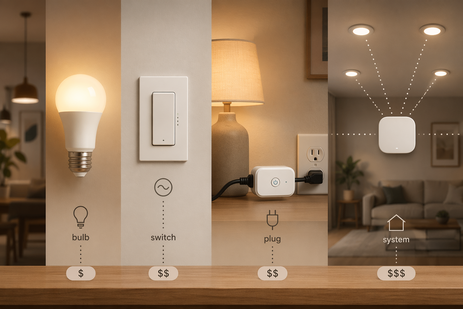 Four smart lighting approaches: bulb, switch, plug, and whole-home system