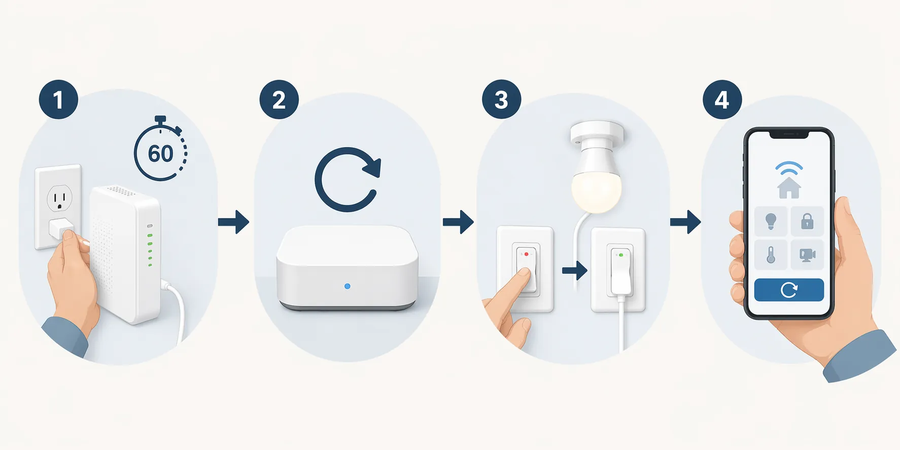 Four-step smart home recovery workflow: restart gateway, restart hub, power-cycle Wi-Fi device, reconnect app