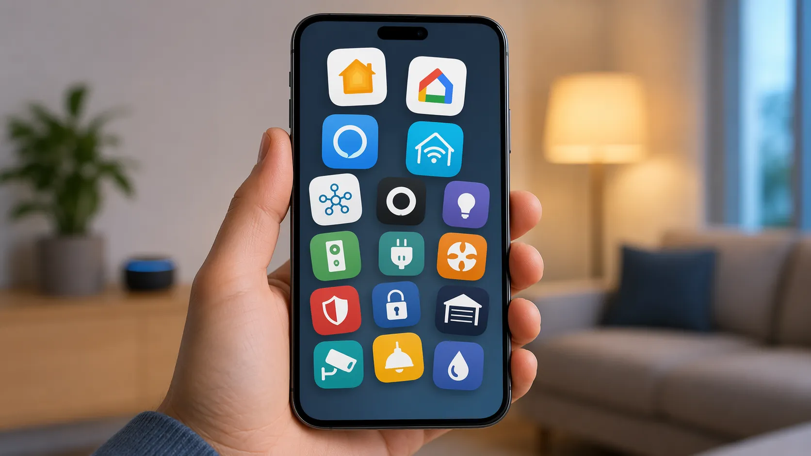 Smartphone screen crowded with Apple Home, Google Home, Alexa, SmartThings, and manufacturer smart home app icons