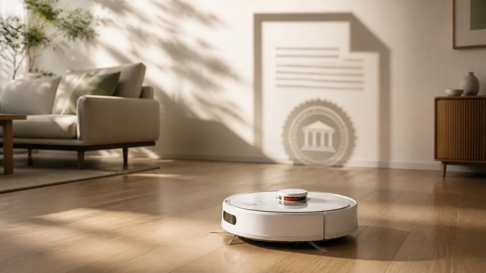 A modern robot vacuum in a bright living room with the shadow of an official document on the wall