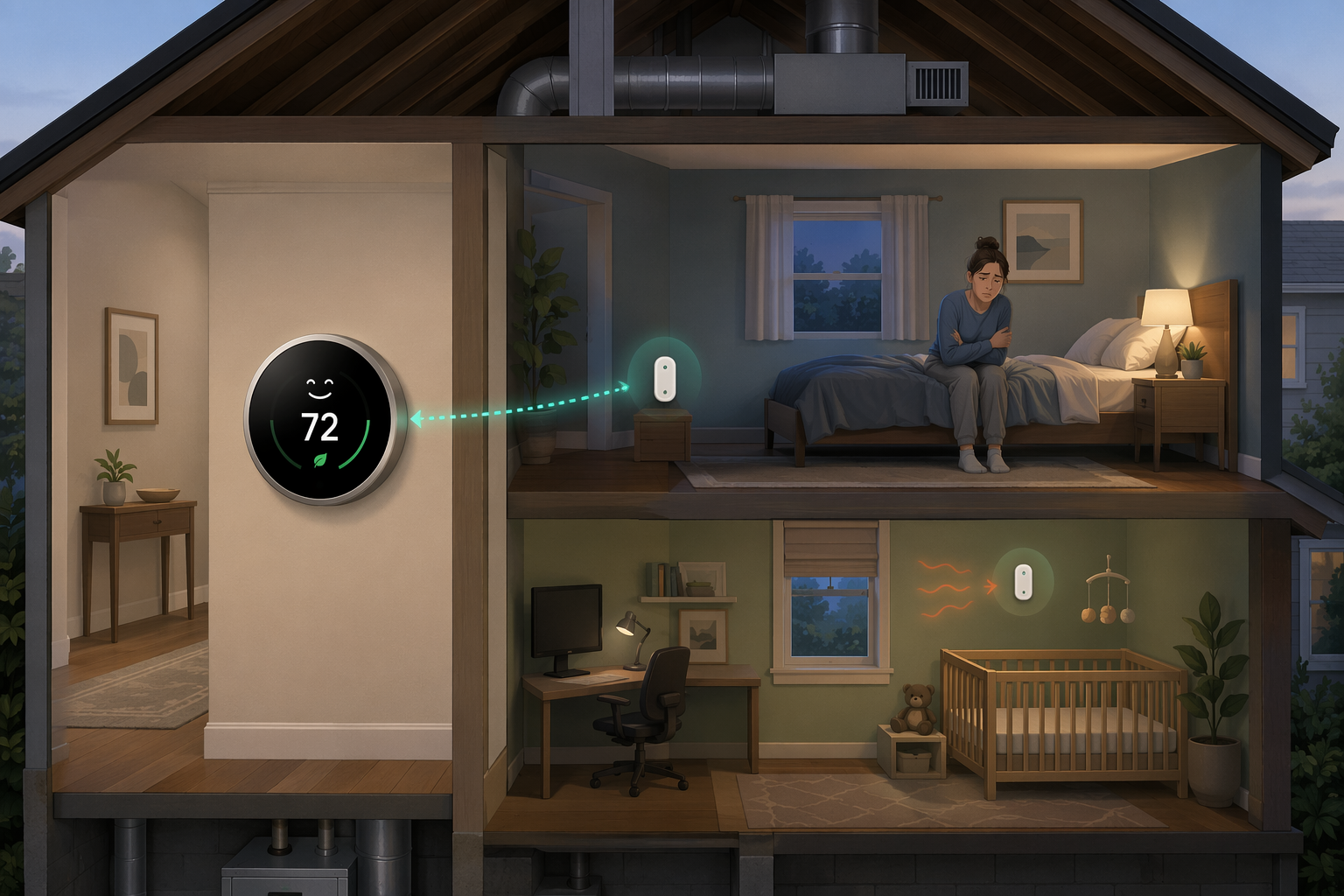 House cross-section showing a hallway thermostat reading 72 degrees while a bedroom sensor reports the occupied room temperature