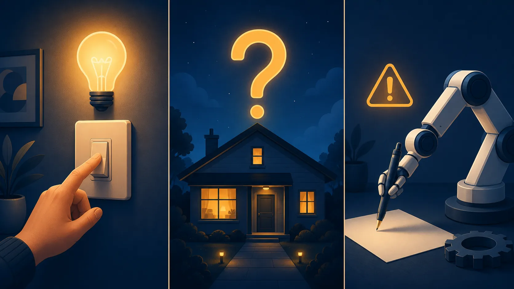 Three smart-home AI task panels showing device control, home-state questions, and cautious automation generation
