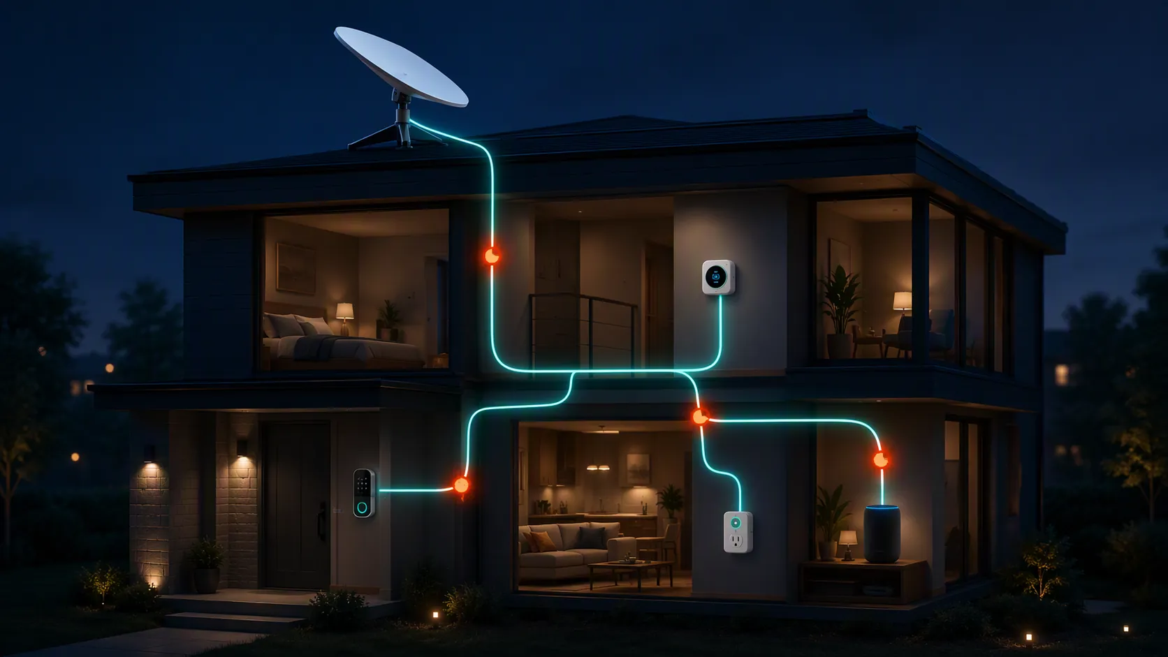 A smart home connected through a Starlink dish with four separate fault points in the network lines