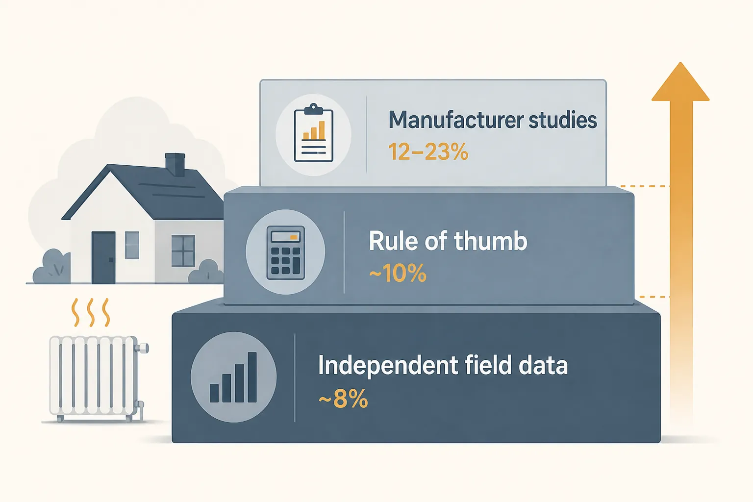 Evidence ladder comparing independent field data around 8%, a 10% heating rule of thumb and manufacturer claims of 12% to 23%