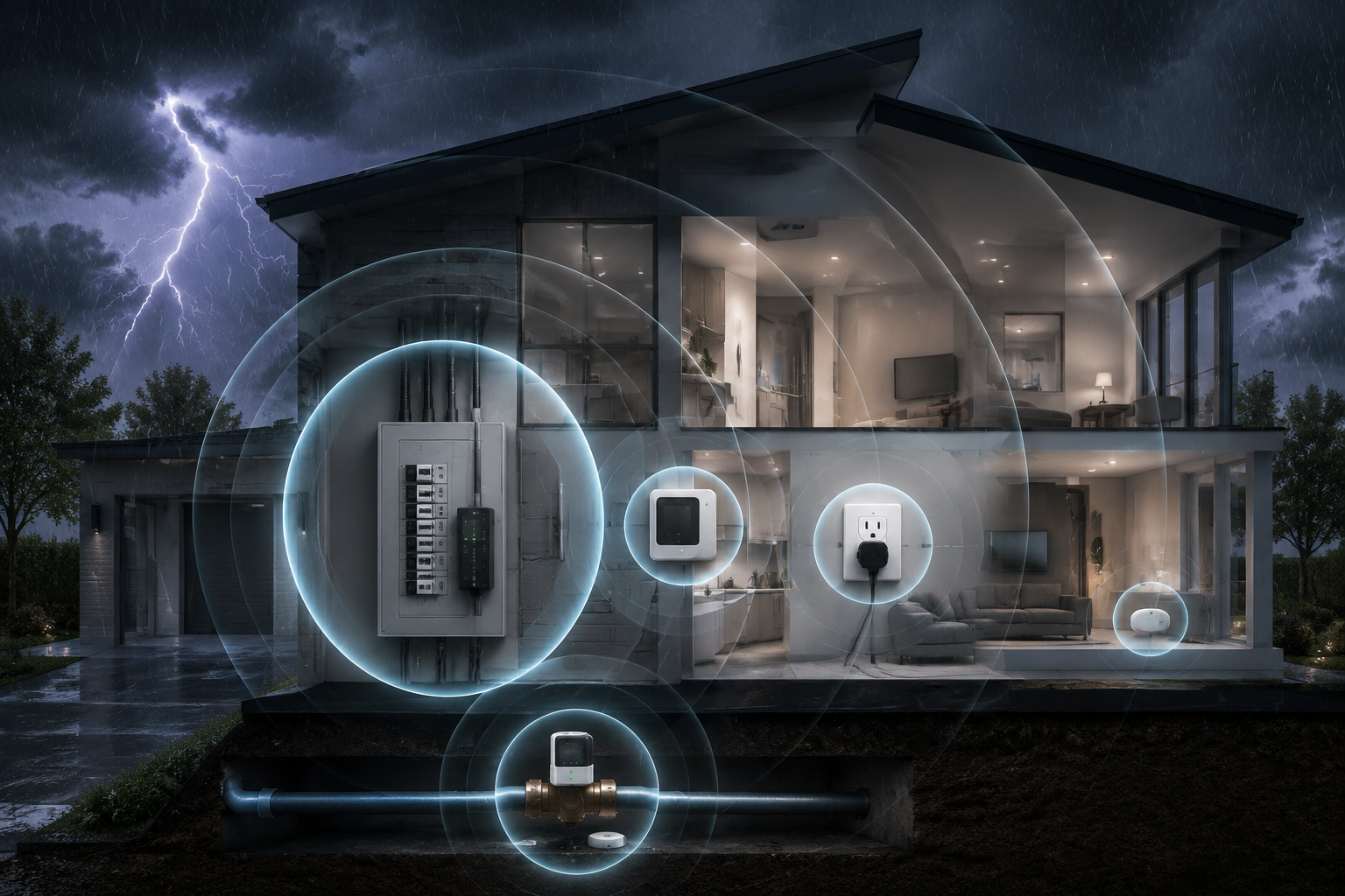 Cross-section of a modern home during a thunderstorm showing panel surge protection, electrical monitoring, outlet surge protection, and smart water shutoff layers