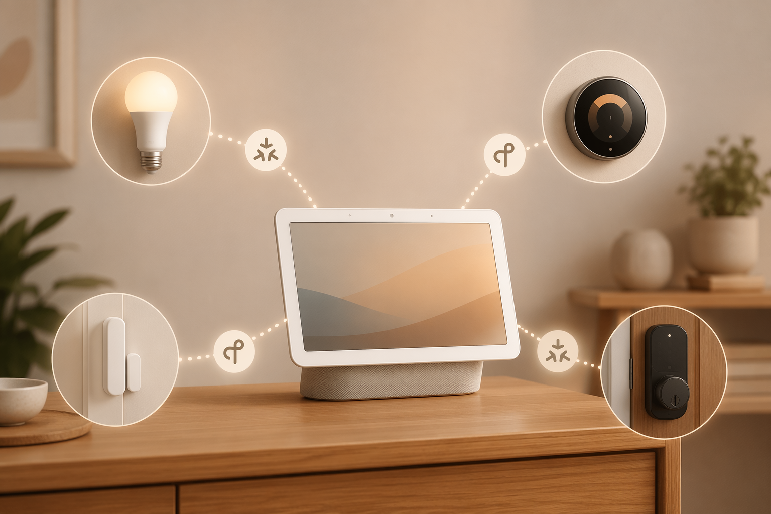 Google Nest Hub connected to smart lights, thermostat, door sensor, and smart lock as a Matter controller and Thread border router