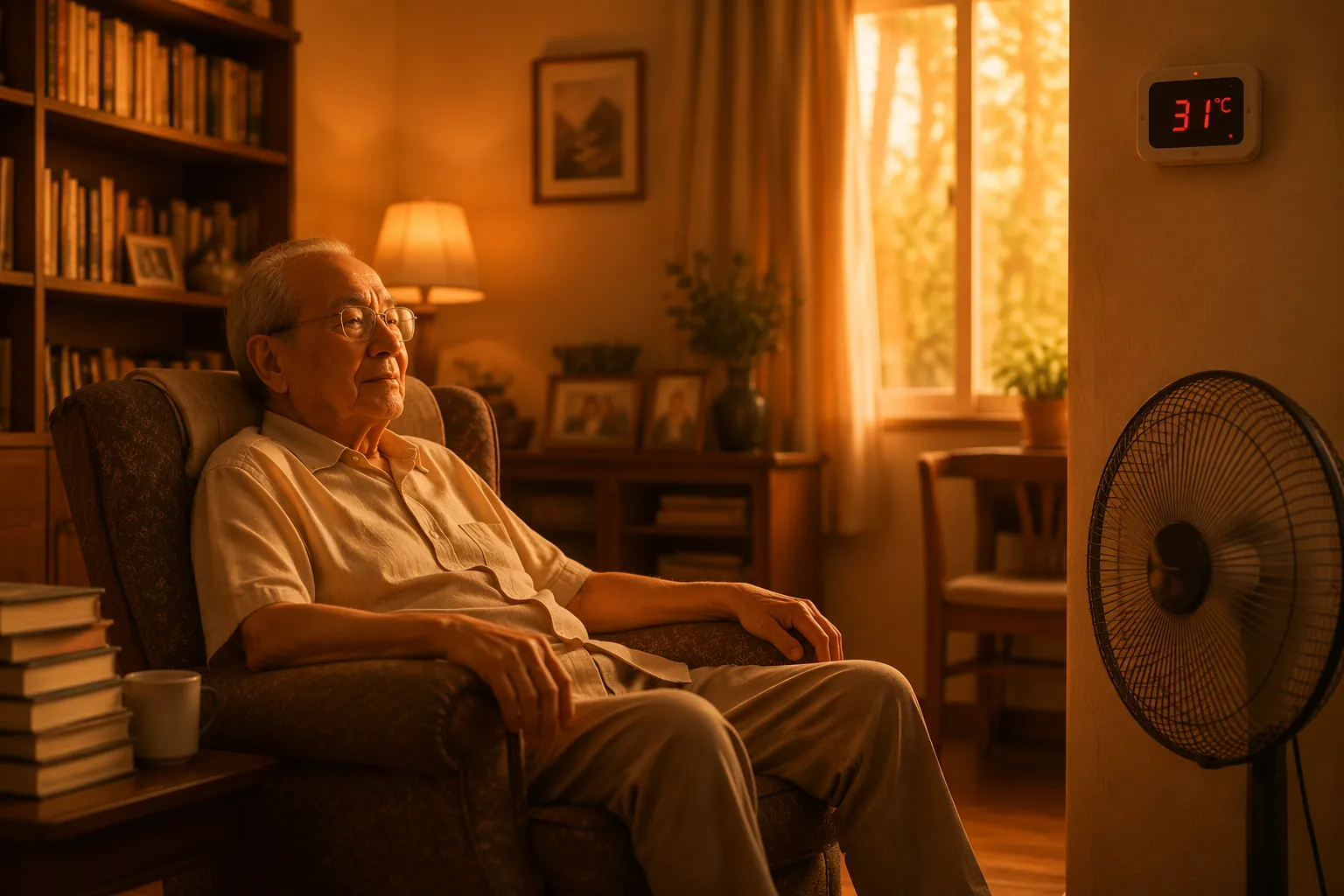 An elderly person appears calm in a warm living room while a thermostat shows 31°C