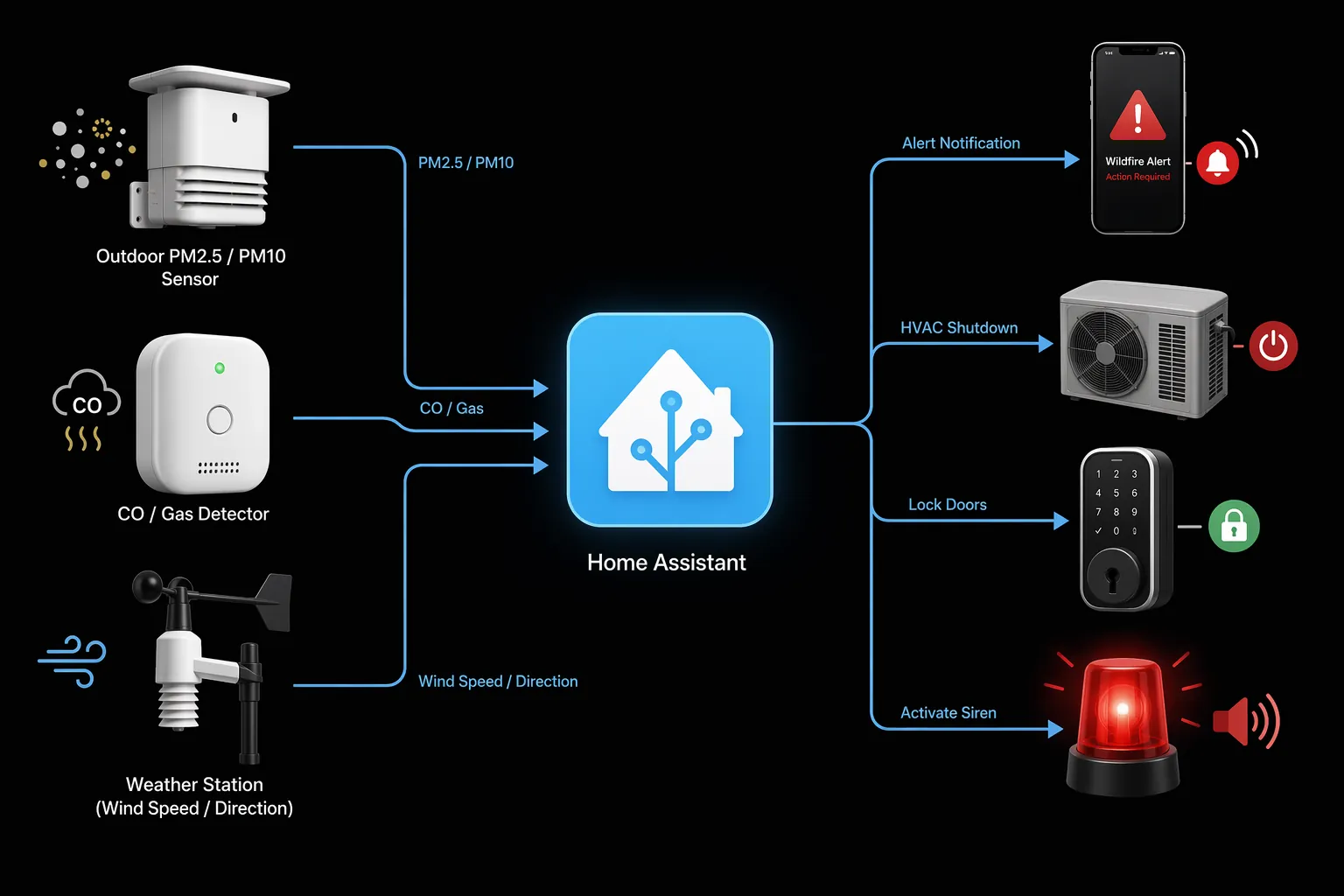 System architecture showing particulate, gas, and weather inputs feeding Home Assistant actions