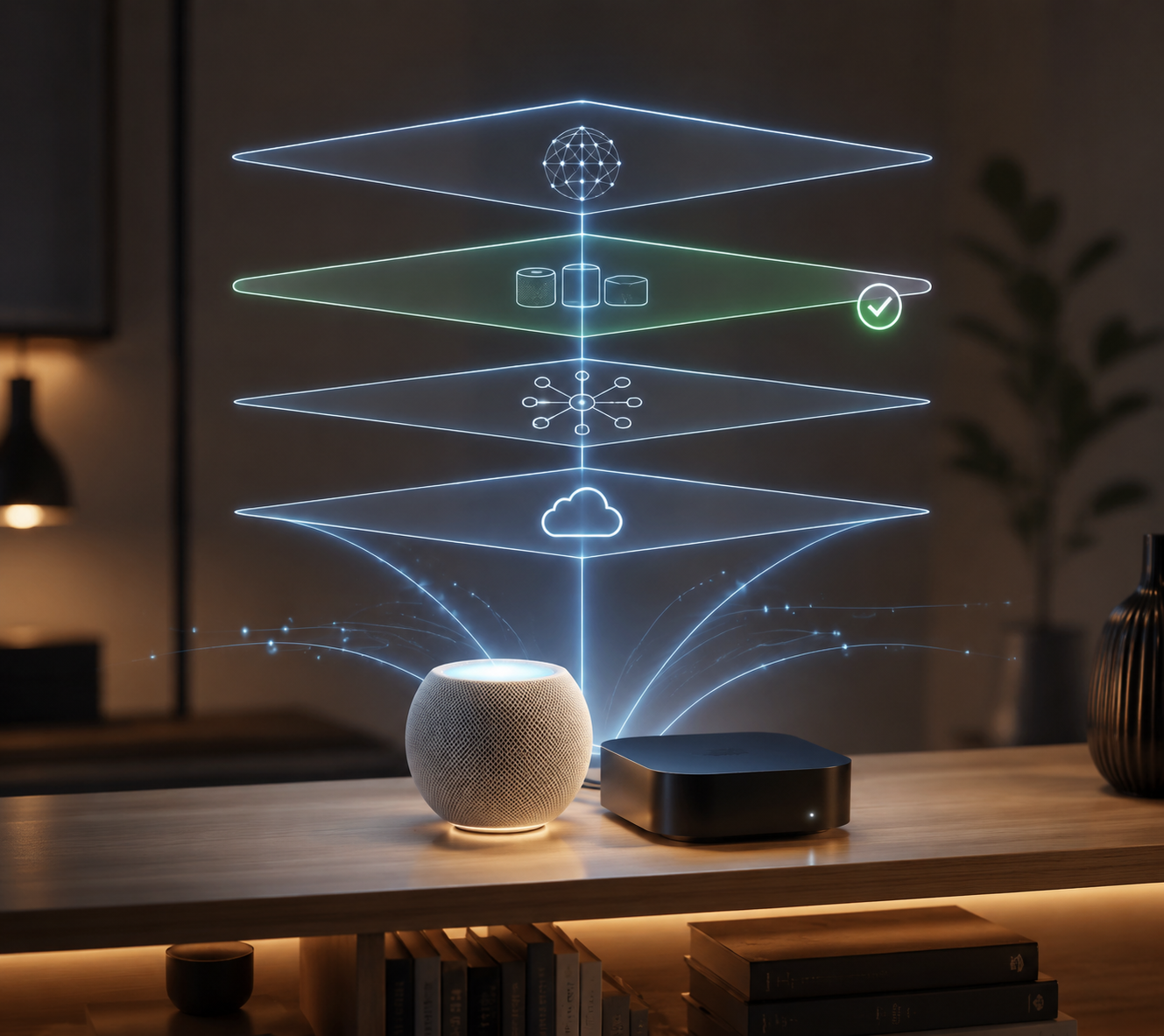 HomePod mini and Apple TV shown as diagnostic layers in a HomeKit setup