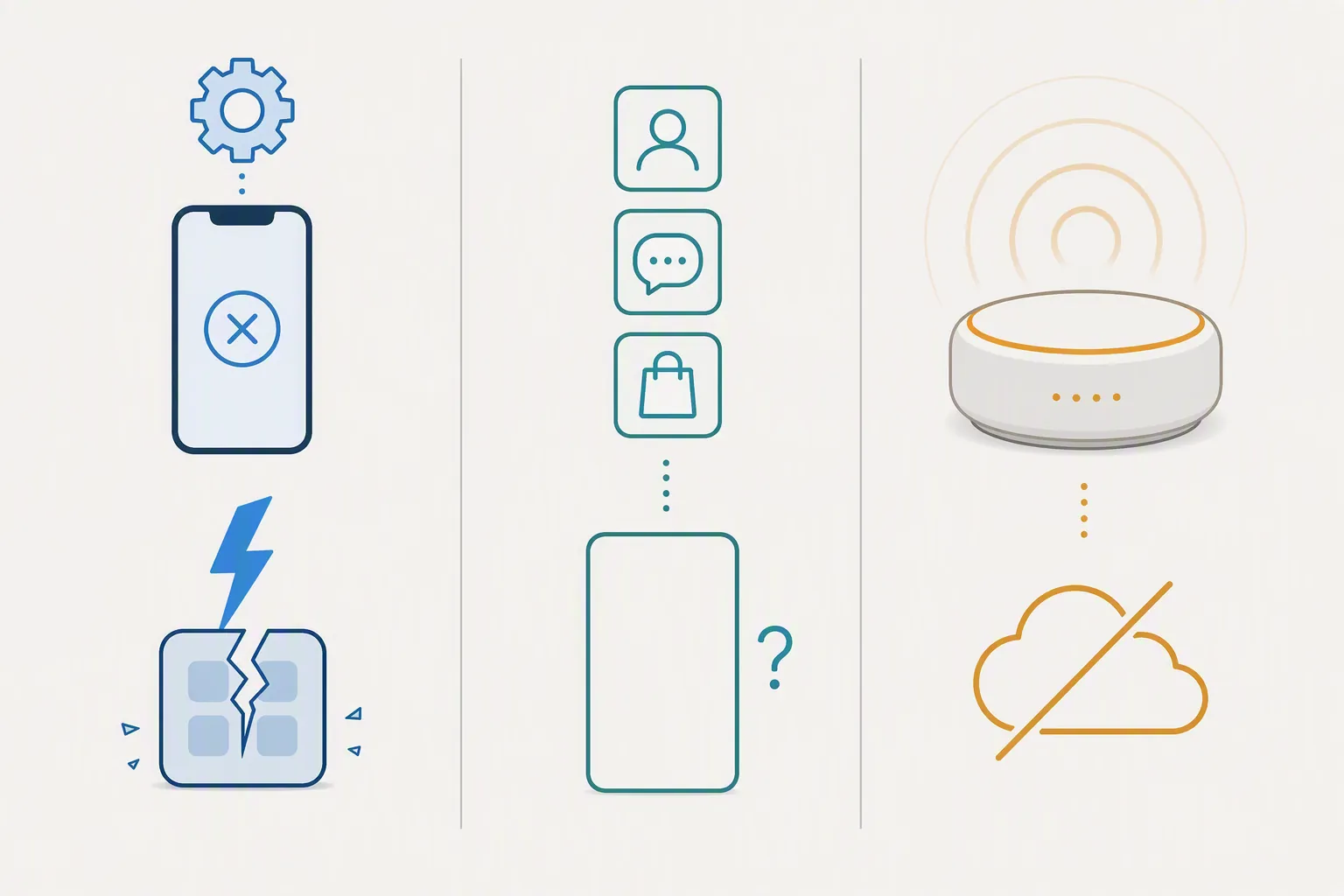 Three-column diagnostic diagram separating phone update, app update, and hub update causes