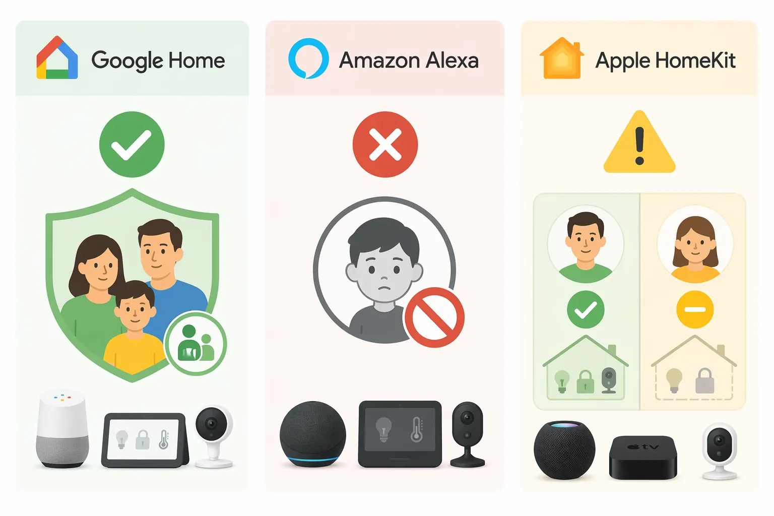 Comparison of Google Home, Amazon Alexa, and Apple HomeKit child smart home control options