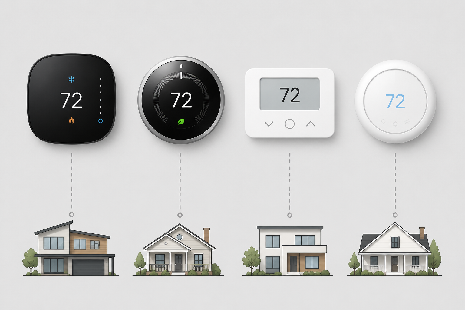 Four smart thermostat faceplates connected to home icons to show different household fits