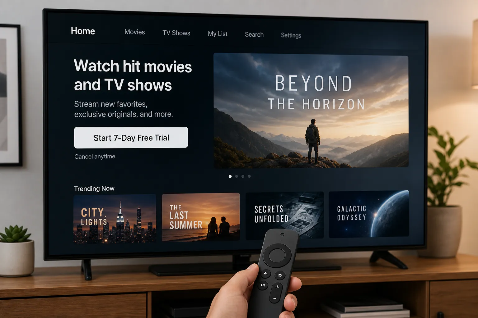 TV app screen showing a 7-day free trial prompt while a hand holds a streaming remote