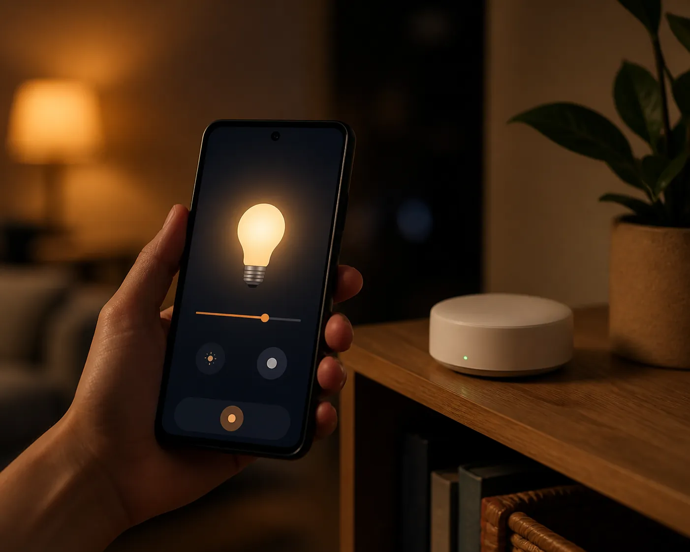 Budget Android phone controlling a smart-home app while a separate hub sits behind it
