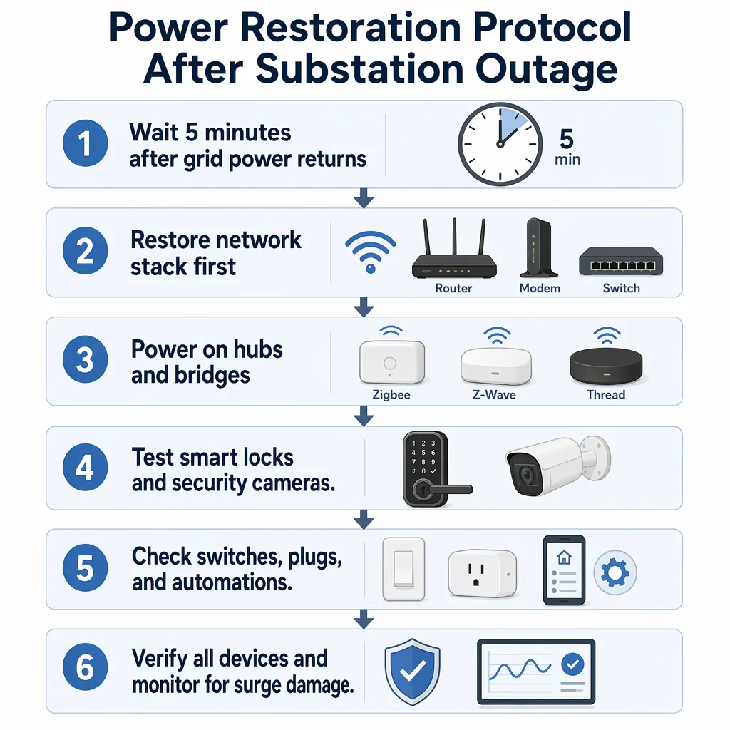Power restoration protocol infographic showing a five minute wait, network restart, hub restart, lock and camera testing, automation checks, and surge monitoring