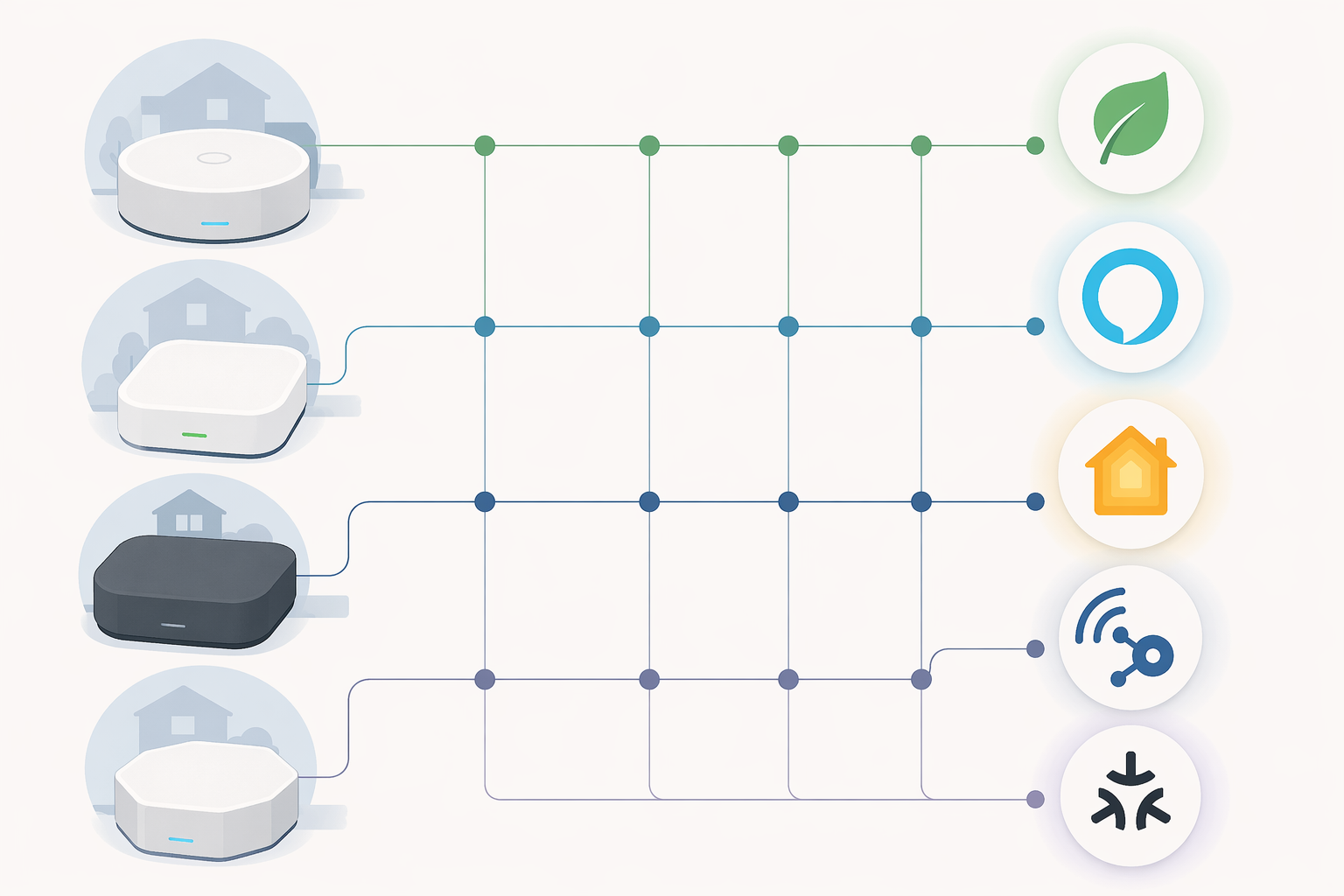 Compatibility map linking smart home security hubs to major platform and interoperability icons